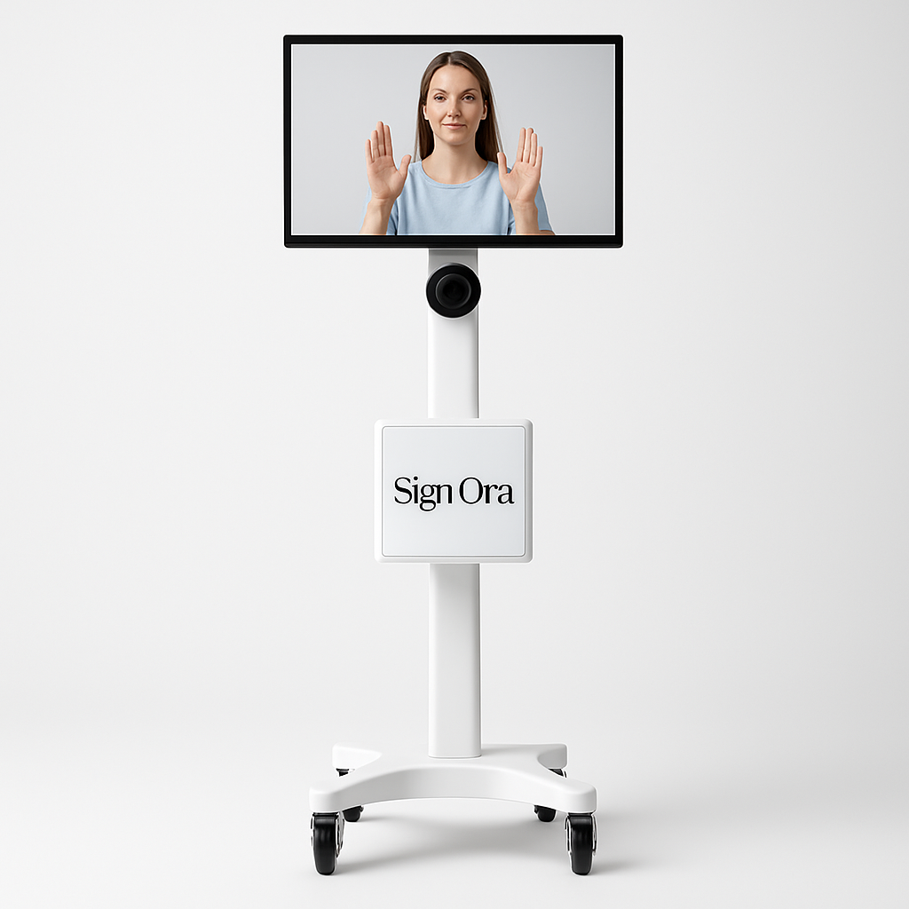 A SignOra-branded mobile telehealth cart with a screen showing a person communicating in sign language
